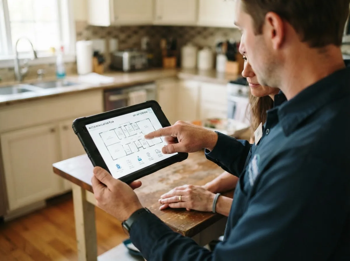 Water damage restoration technician inspecting a home in Belgrade Lakes, ME